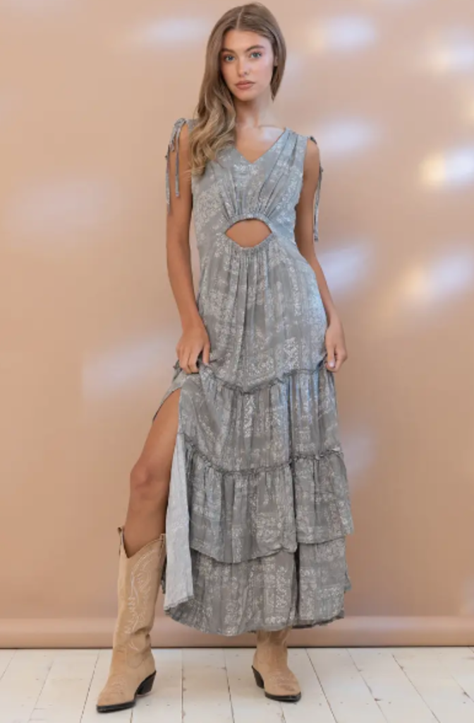 Grey Cinch Shoulders Cut Out Ruffle Tiered Slit Maxi Dress