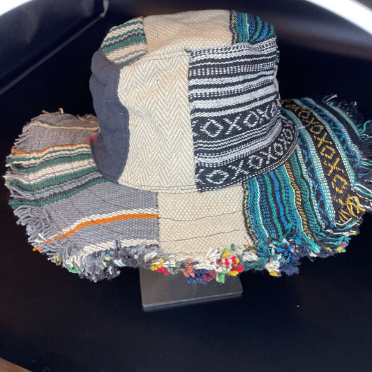 Hemp & Cotton Hat w/gray striped fabric (foldable for travel)